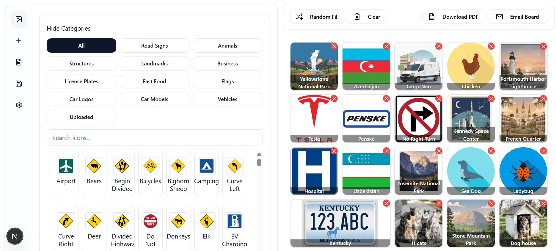 Road Trip Bingo templates page showing template cards and board previews